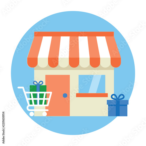 Small Retail Shop Building Icon with Shopping Cart and Gift Boxes for Ecommerce
