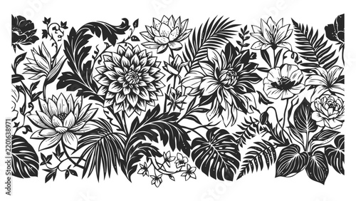 Intricate Monochrome Floral Border Illustration Featuring Detailed Exotic Garden Flowers and Lush Tropical Foliage for Decorative Design Patterns