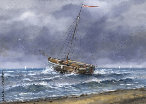Traditional Wooden Sailboat in Wavy Sea Under Overcast Stormy Sky Watercolor Painting. Dramatic Marine Seascape with Fishing Vessel Near Sandy Beach