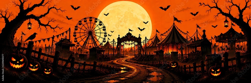 Naklejka premium A spooky carnival at night featuring a full moon a ferris wheel and carved jack o lanterns