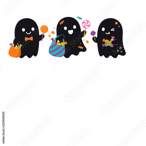 Black ghost silhouettes carry halloween candy on a white background