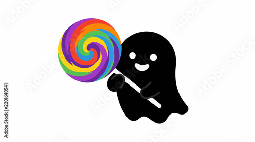 Black ghost silhouette holds a colorful spiral lollipop against a white background