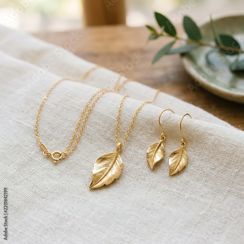 Refined Gold Leaf Jewelry Set on Soft White Linen with Botanical Accent