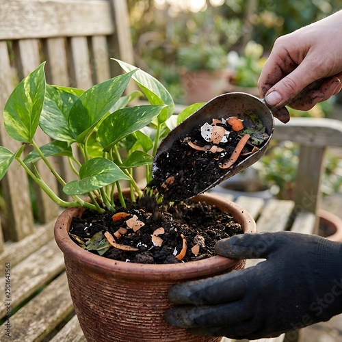 Gardener Adding Organic Compost and Eggshells to a Potted Houseplant Soil
