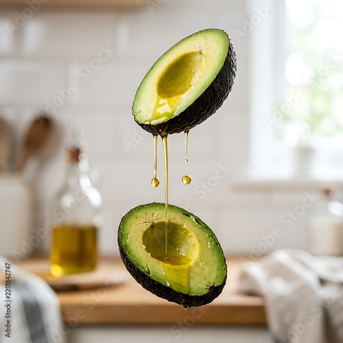 Fresh Ripe Avocado Halves Floating with Golden Olive Oil Drizzling Down