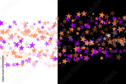 Abstract split screen design featuring orange and purple stars on white and black background halves