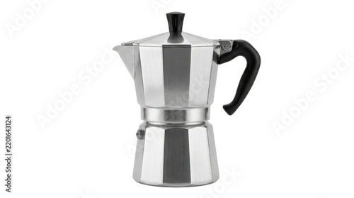Stovetop moka pot with faceted metal body, compact base, curved handle, fitted lid, and classic stovetop brewer silhouette. Photorealistic studio product photography, 3/4 view, ultra-high resolution,