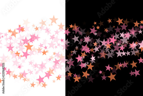Abstract split composition featuring scattered pink and orange stars against white and black contrasting backgrounds