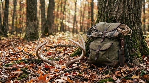 A weathered canvas backpack rests against the base of a large tree trunk in a forest setting. The backpack is adorned with leather straps and a rope handle.