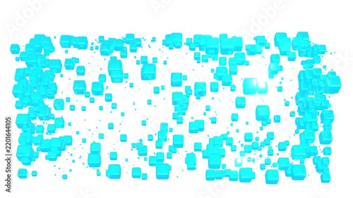 3D motion graphics animation featuring numerous cubes—randomly distributed within a large invisible rectangular prism that rotates on the X-axis—that emit light seamlessly loop randomly change in size