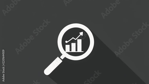 Magnifying glass zooms in on growing bar chart during data analysis against dark background