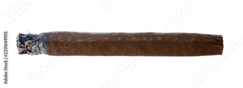 Obraz na plátně Cigar burning slowly with gray ash at the end on a white background