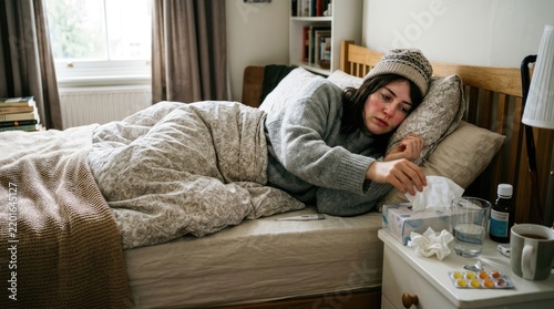 A young woman lies in bed, feeling unwell. She is wrapped in a warm blanket and wearing a knitted hat.