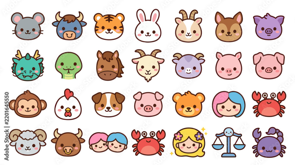Obraz premium Cute animal faces zodiac collection