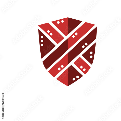 Red shield emblem with geometric pattern
