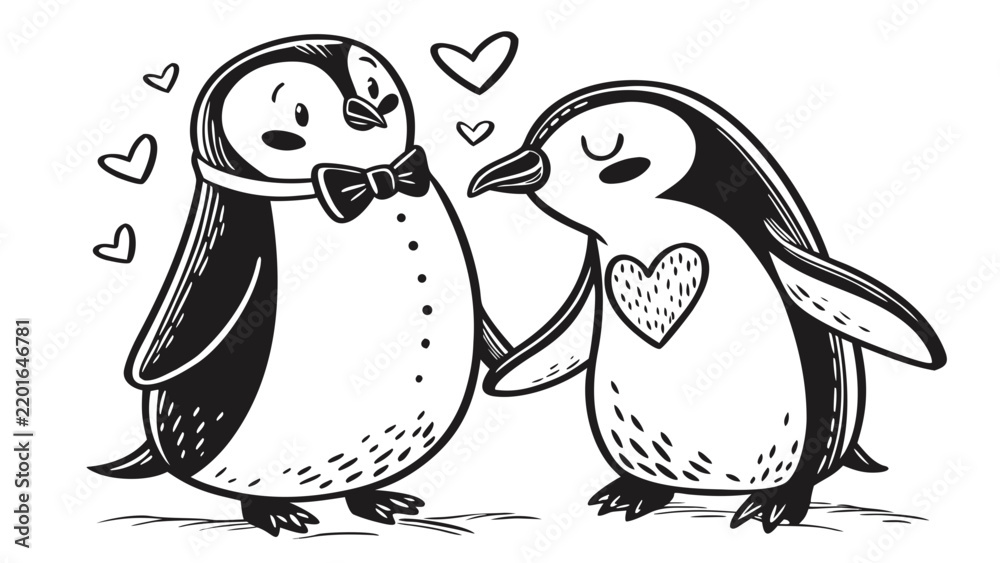Fototapeta premium Cute romantic penguin couple in black and white vector, two adorable penguins standing close together, one wearing a small black bow tie, the other with a tiny heart-shaped accessory.