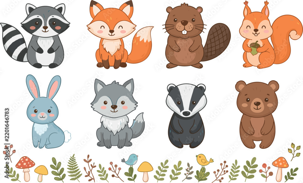 Obraz premium Cute Cartoon Woodland Animals Vector Clipart Pack with Sitting Raccoon, Fox, Beaver, and Bear plus Forest Foliage Elements for Children Nursery Graphic Designs