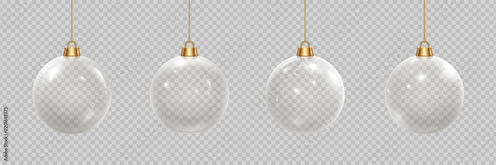 Obraz premium Christmas balls hanging on golden rope. Realistic transparent 3D glass ball with glares and highlights. Glossy volume crystal bubble vector illustrations set. Festive glass decorations isolated