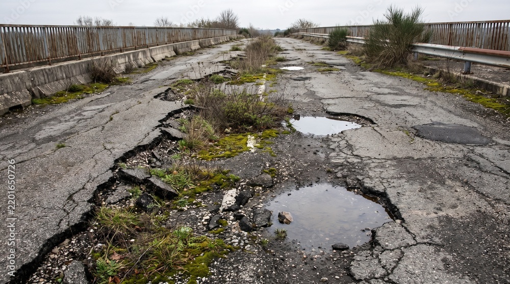 Obraz premium Weathered road with deep cracks and puddles, flanked by rusted metal fences