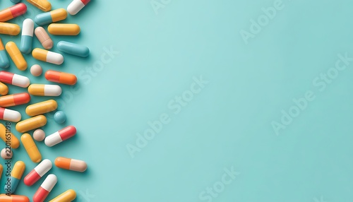 Assorted medical capsules and pills border on cyan background space.