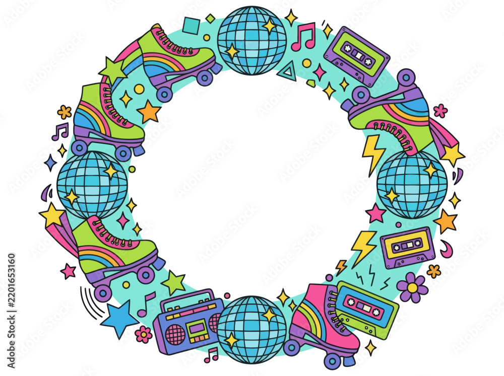 Fototapeta premium Retro roller skate and disco ball arc composition with vibrant colors