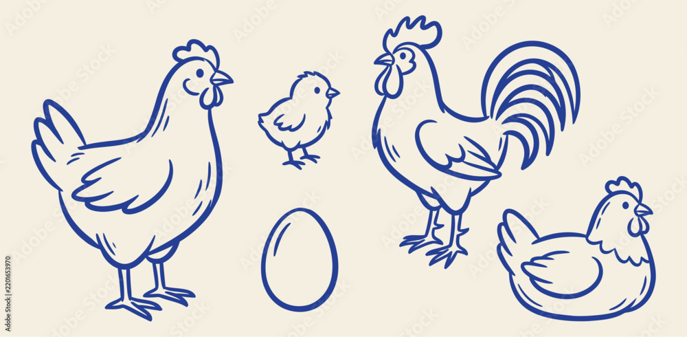 Obraz premium hand drawn blue outline vector set of chickens roosters chicks and eggs on beige background