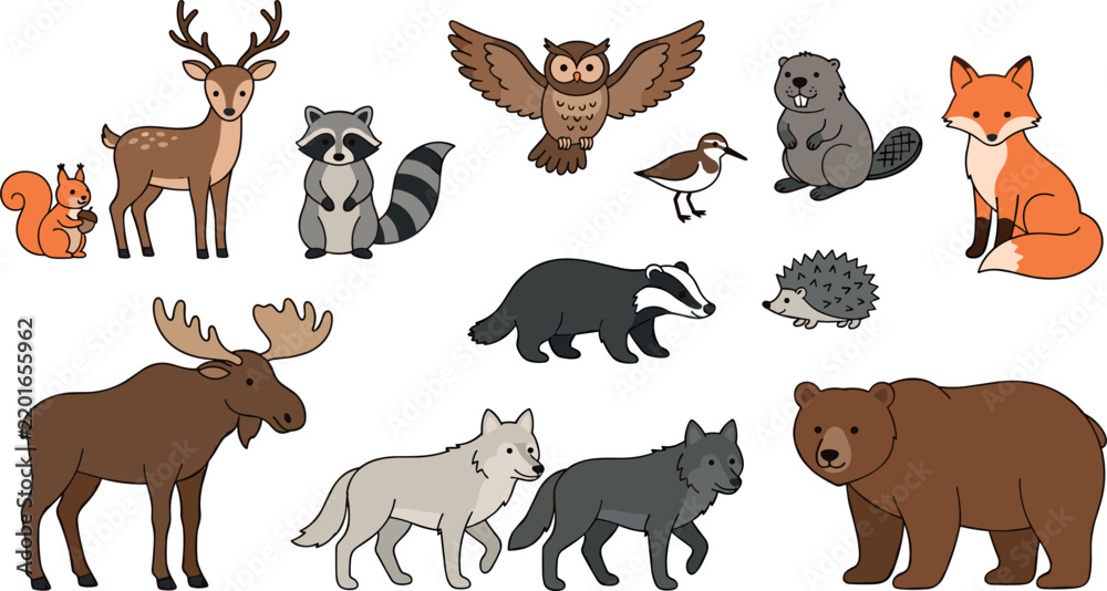 Obraz premium Woodland Wildlife Animals Vector Collection with Bear, Wolves, Moose, Fox, Owl, and Deer for Nature Conservation Posters and Forest Habitat Illustrations