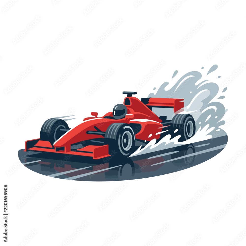 Obraz premium Red Formula One Racing Car Driving Fast on Wet Track During Rain