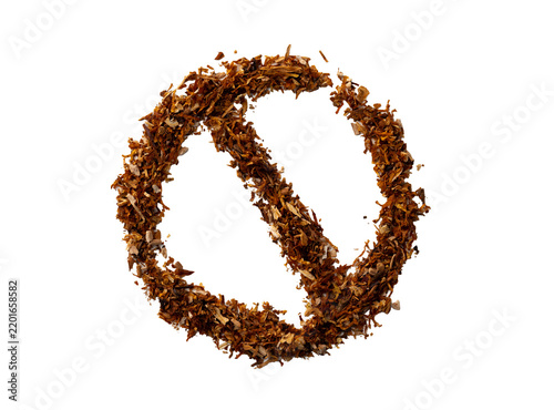 Obraz na plátně Symbol made from tobacco leaves representing a no smoking message with various s