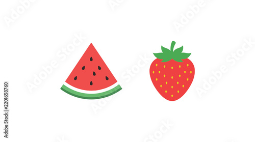 Watermelon slice and strawberry illustration with a white background silhouette