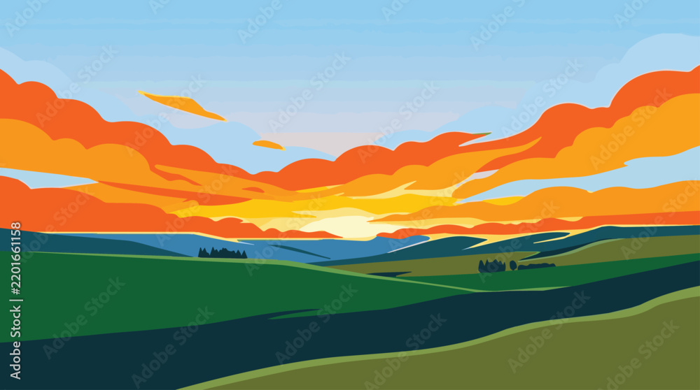 Fototapeta premium flat vector landscape illustration with vibrant orange clouds and green rolling hills during sunset for nature backgrounds and creative design projects