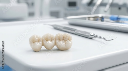 Macro shot of a zirconium dental bridge prosthesis used for oral restoration.