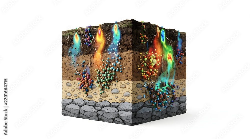 Obraz premium Scientific 3D Cross-Section of Soil Layers Contaminated by Glowing Radioactive Isotopes