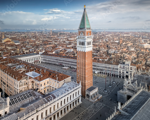 Aerial view of Venetian old city historic district Piazza San Marco, Campanile, Palazzo Ducale, Venice