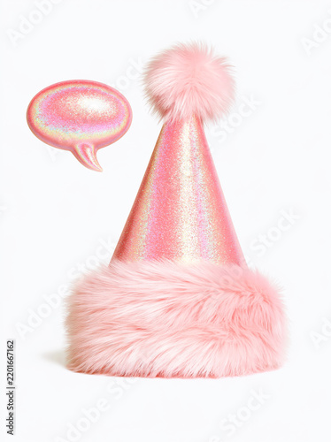 Pink party hat with fluffy pom-pom and speech bubble for celebrations and festive occasions