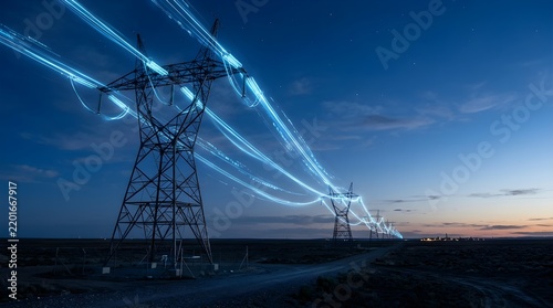 High voltage power transmission lines glowing with blue energy at night, symbolizing electricity distribution and power grid