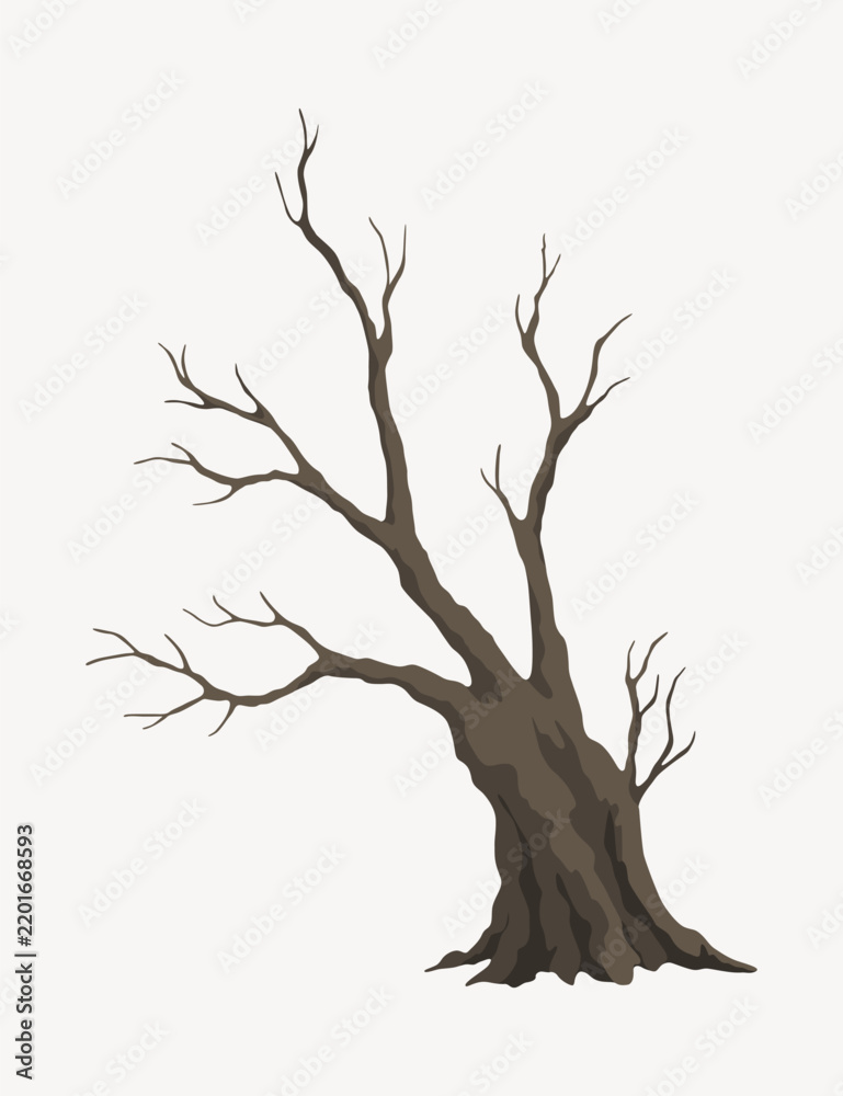 Fototapeta premium Old dead tree. Hand draw leafless trunk. Winter or autumn season plants icon, dry naked branch silhouette. Nature ecology problems concept. Isolated vector illustration
