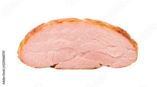 Smoked turkey breast slice with tender layered texture, pale pink interior, lightly browned edge and appetizing deli-meat appearance; photorealistic food photography, front 3/4 view, horizontal