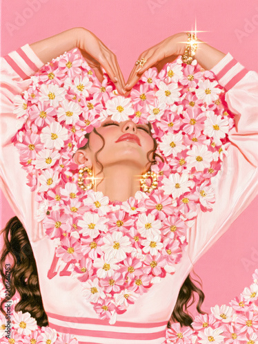 Woman in Floral Heart Arrangement with Pink Background for Spring and Valentine's Day Themes