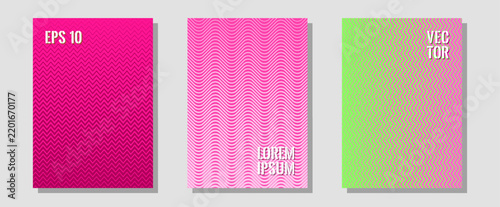 Cool flyers set, vector halftone poster backgrounds. Technicolor composition. Zigzag halftone lines wave stripes backdrops. Music placards. Geometric lines shapes patterns set for flyer design.