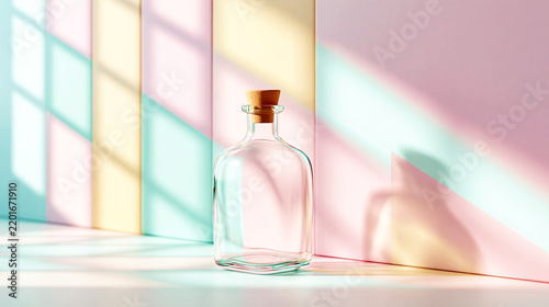 Minimal Glass Bottle with Cork on Pastel Sunlit Background