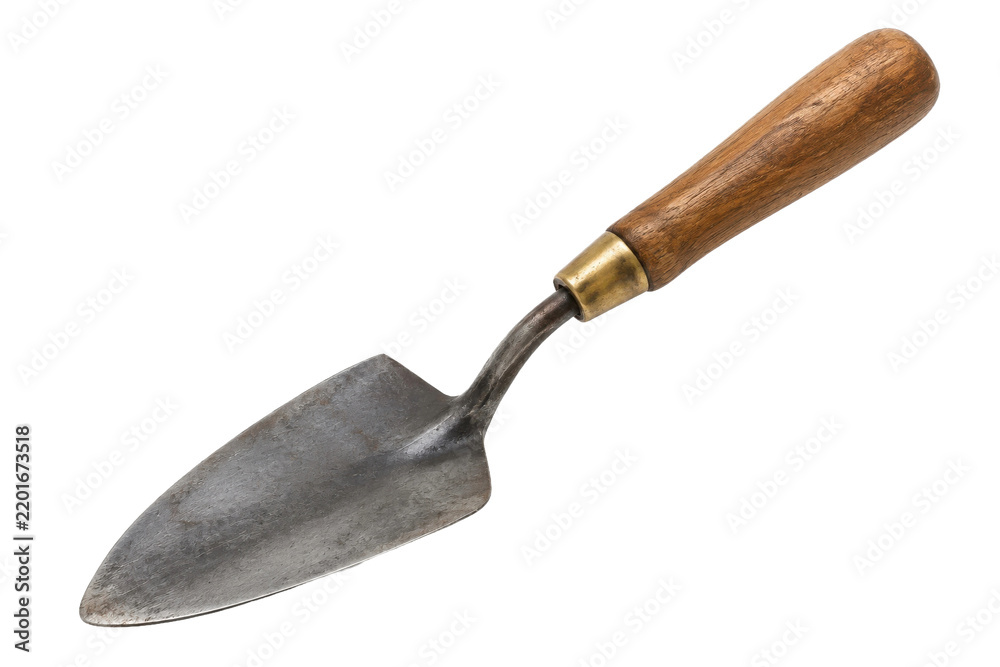 Fototapeta premium Single vintage garden trowel with a sturdy wooden handle and weathered metal blade, isolated on a clean white background