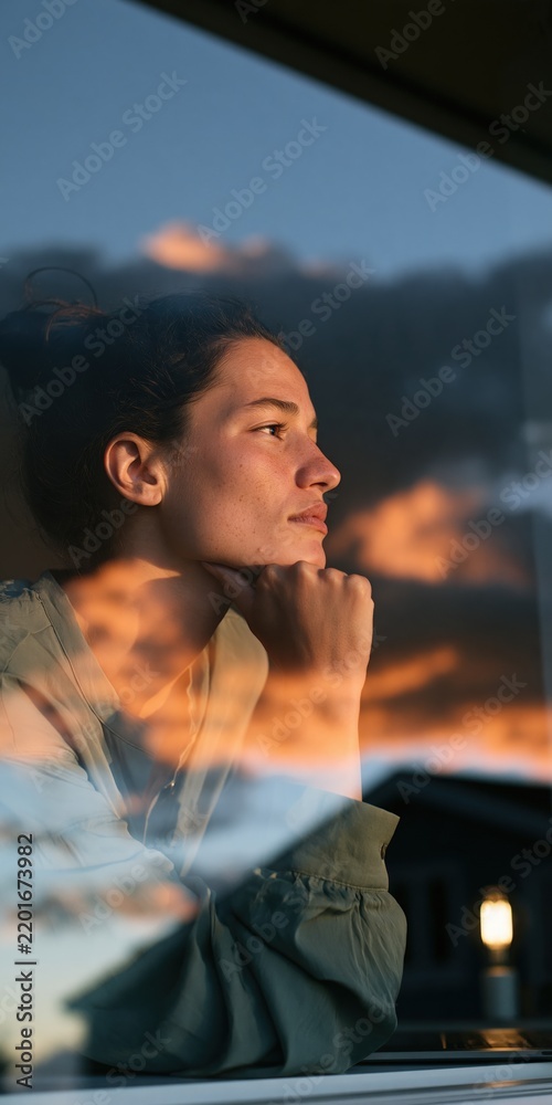 Obraz premium Woman looking out window with sunset reflection and warm glow for thoughtful wallpaper and evening background for cozy lifestyle scenes
