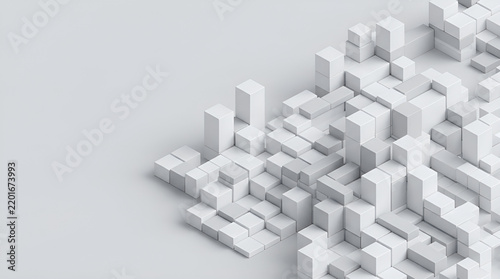 Isometric 3D geometric cube pattern forming urban skyline structure with clean white studio background