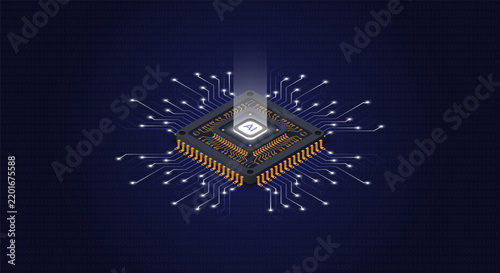3D isometric Artificial Intelligence AI microchip processor vector concept. High tech circuit board with glowing data signals and light beam for machine learning and cyber security.
