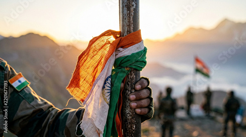 Indian soldier holds flag on mountain peak at sunrise, national pride