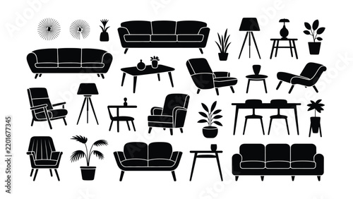 Collection of various home furniture and decorative plants in black silhouettes displayed against a white background