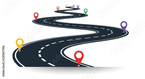 Winding road with colorful map markers, business journey concept illustration