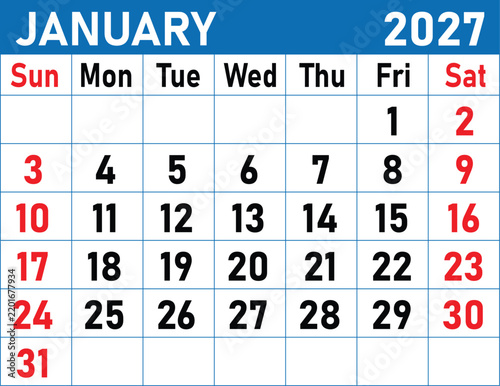 January 2027 Calendar Template with Blue Header and Sunday Saturday Weekend Layout