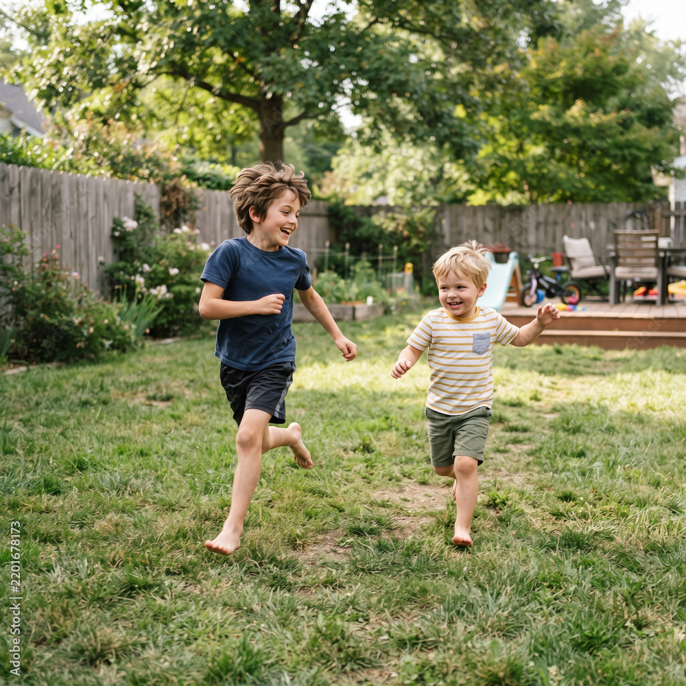 Obraz premium Two happy young boys running barefoot across a green backyard lawn